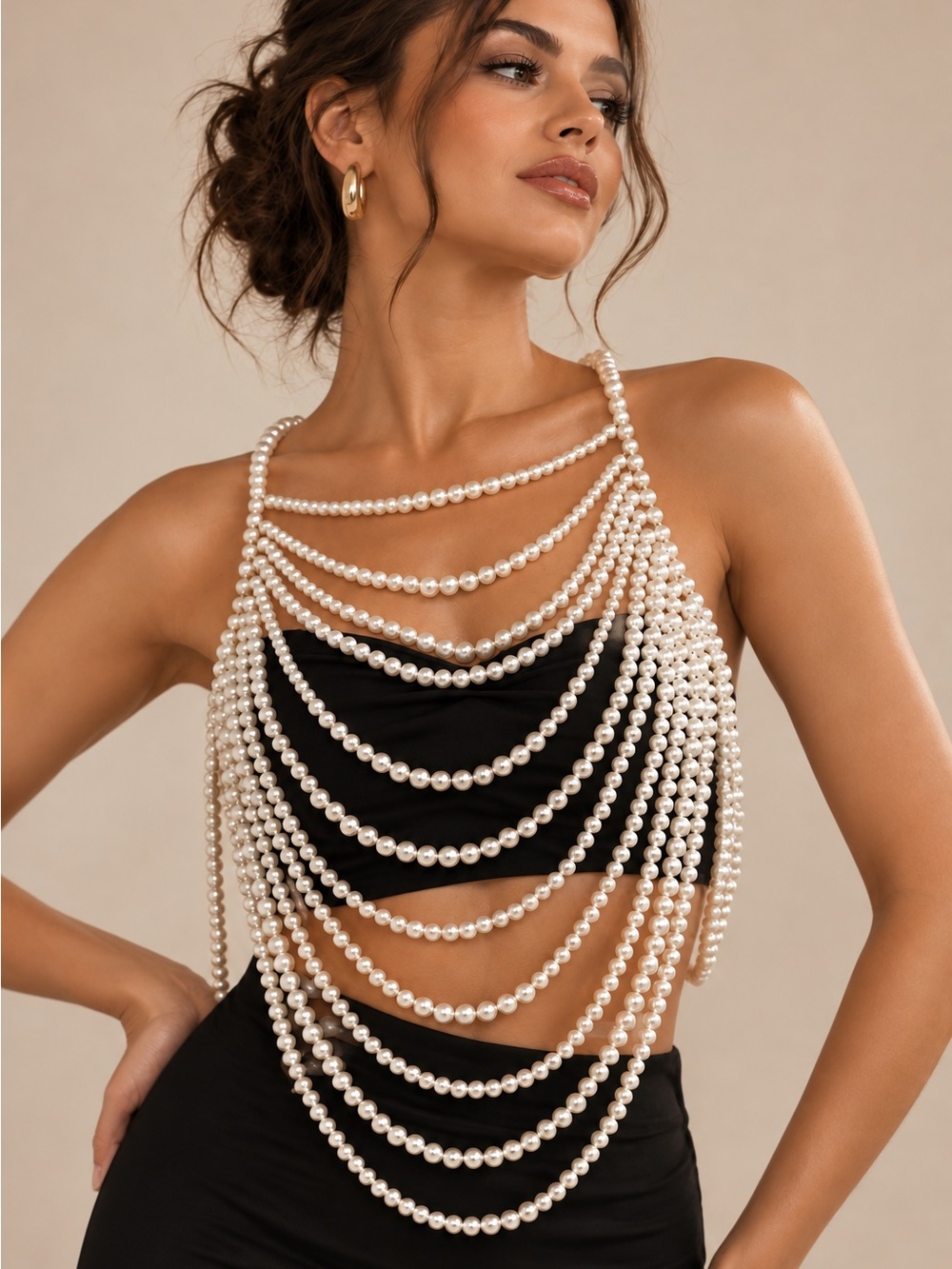 Luxury Pearl Layered Body Chain Gold Tone Boho Evening Jewelry